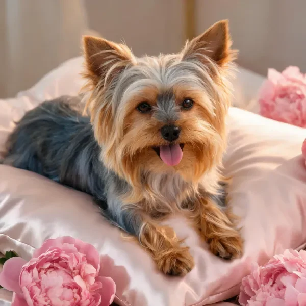 约克夏梗犬有着蓝灰与浅棕相间的毛发,正地躺卧在粉色软垫上,嘴巴张开露出舌头,周围环绕着粉色花卉。