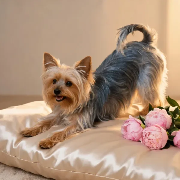 约克夏梗犬在丝绒垫上的花卉旁姿态展示