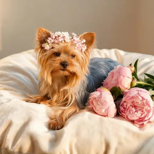 约克夏犬躺卧在白色软垫旁的花卉旁