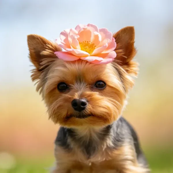 约克夏梗犬头顶一朵淡粉色大花，毛发整齐地分布在脸部周围。