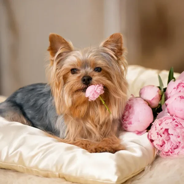 约克夏梗犬持花卧于软垫上