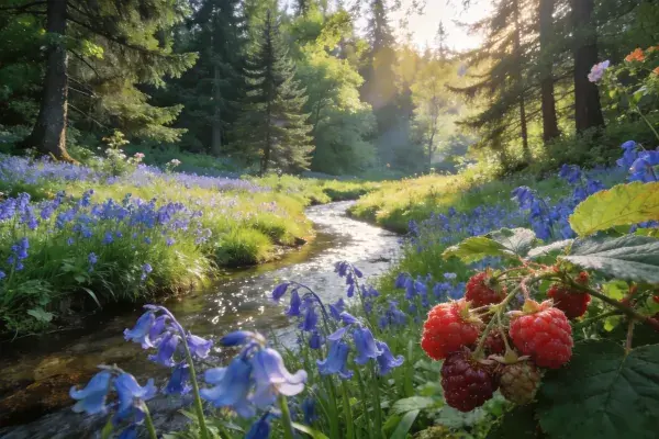 阳光下溪谷中的覆盆子与蓝铃花场景