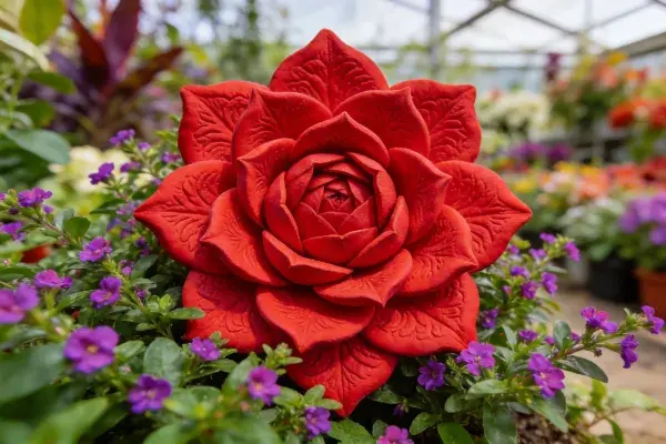 温室中仿真玫瑰花雕塑场景