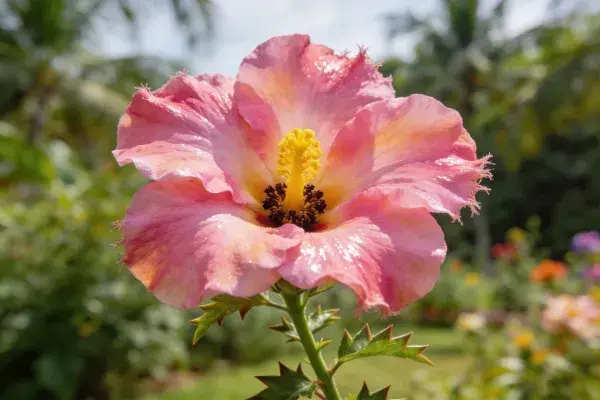 木槿花绽放于花园角落