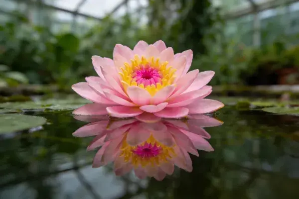 温室中荷花与水面倒影特写