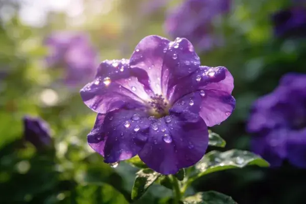矮牵牛花瓣带露珠在花园中