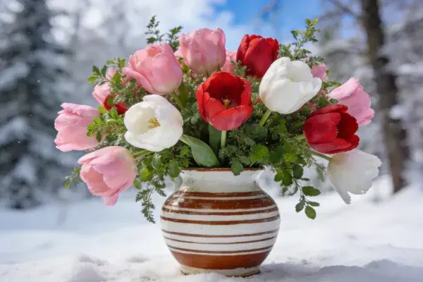 雪地中陶罐插郁金香花束场景