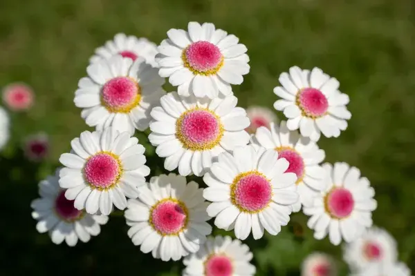 白菊科洋甘菊群体在草地上的特写画面