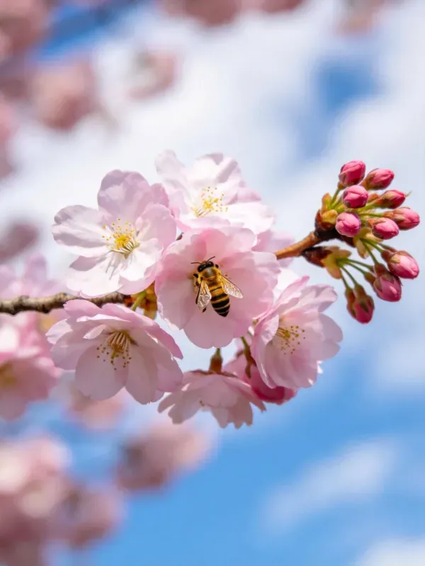 西方蜜蜂访樱采蜜瞬间