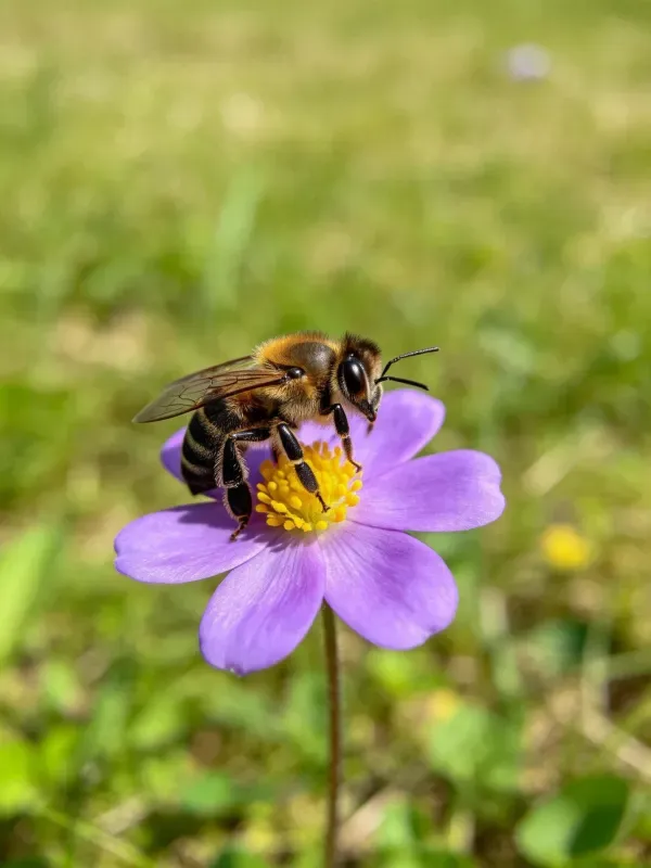 西方蜜蜂正悬停在紫色花瓣上,身体呈现黄黑相间条纹,翅膀透明且有脉络,处于采蜜状态。