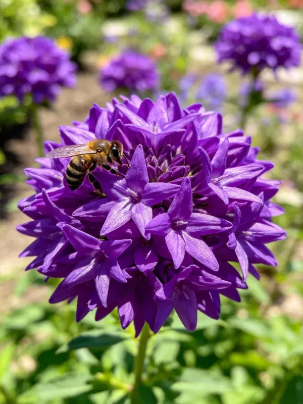 西方蜜蜂采蜜于紫色球形花卉处