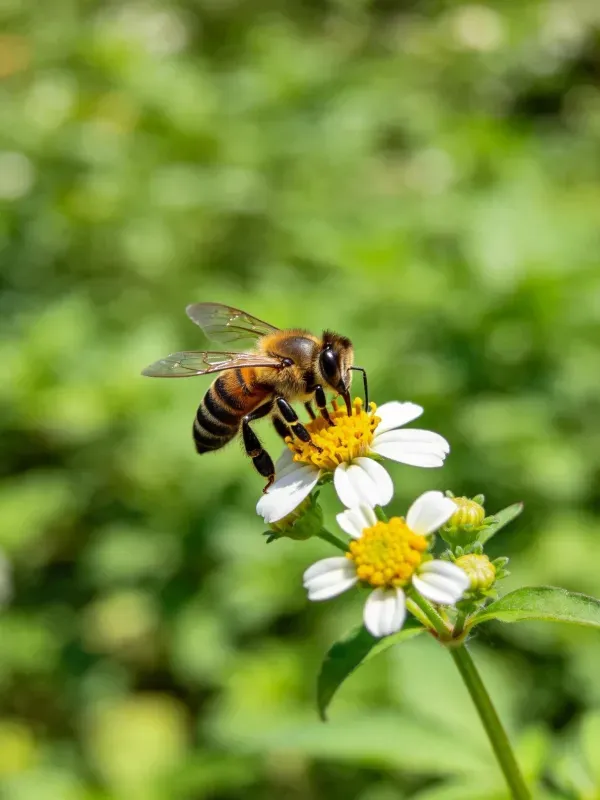 西方蜜蜂采蜜于小白花场景