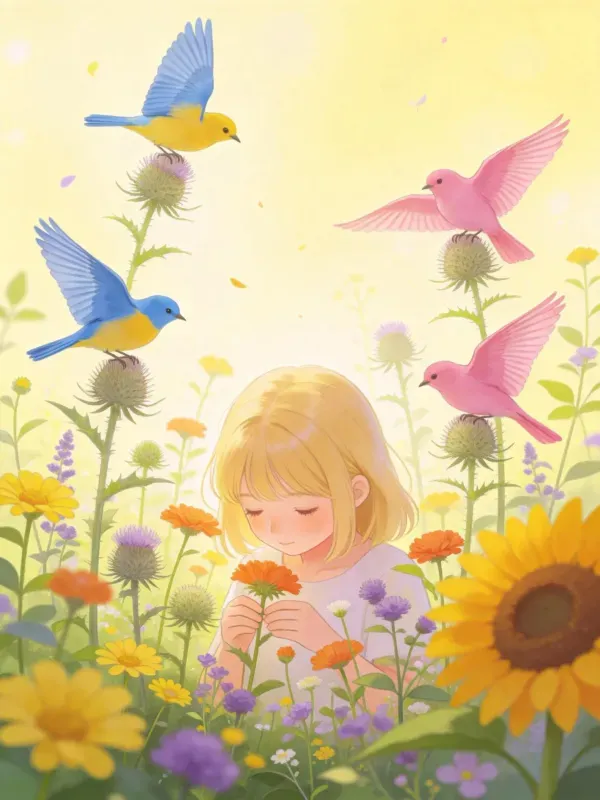 阳光花海中小女孩与彩羽小鸟互动场景