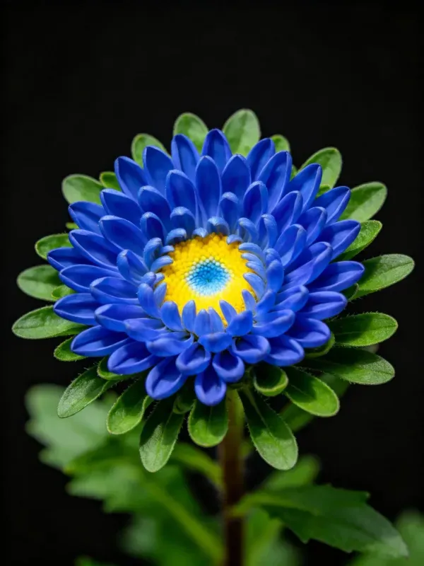蓝色雏菊在黑色背景下展现，花瓣层次分明，中心为黄色花蕊带浅蓝色渐变区域。