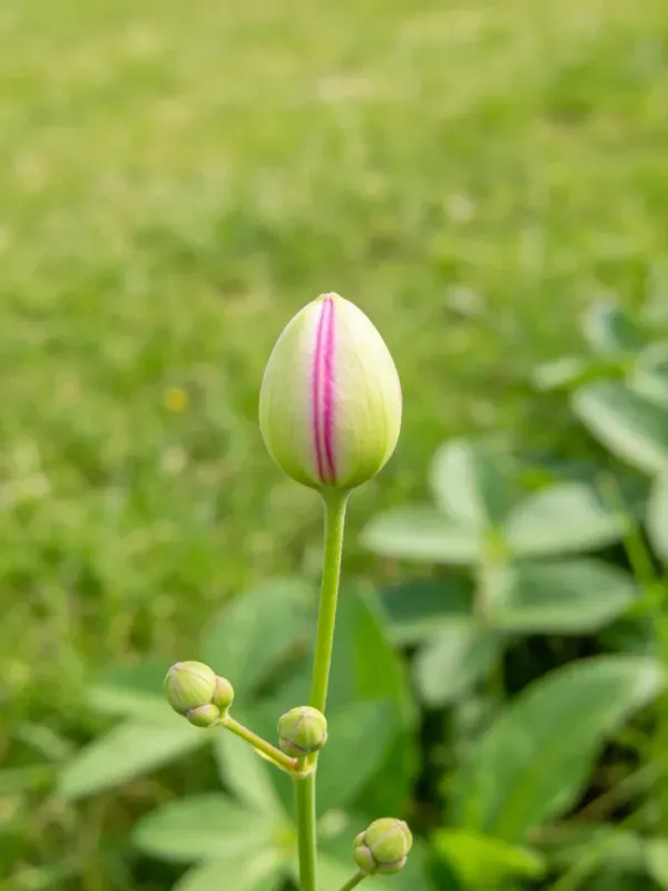 百合花蕾呈椭圆形状，表面有粉红色纵纹，生长于环境之中。