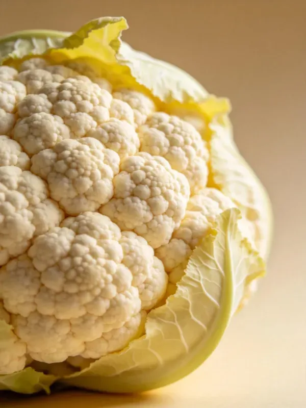 菜花主体洁白,表面布满紧密的小花蕾结构,周围环绕着浅绿色叶片。