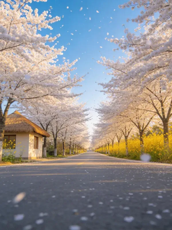 道路两侧樱花盛开,洁白花瓣纷飞,与金黄油菜花形成鲜明色彩对比,低角度拍摄增强了空间纵深感。