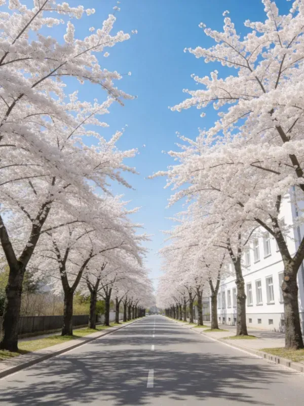 樱花树上洁白的樱花密集绽放,枝桠形成天然花廊,道路平整干净,在蓝天背景下显得格外清新美丽。