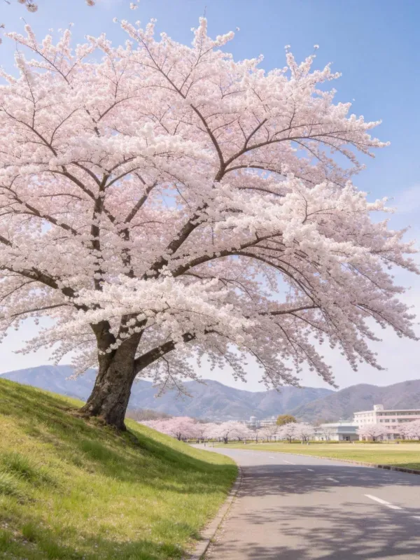 山坡上的盛开的樱花树景观