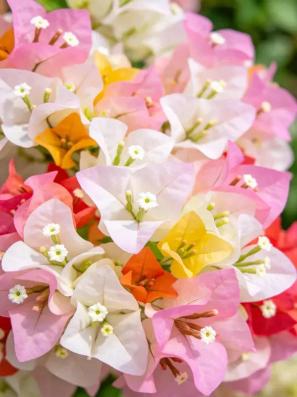 多种颜色的三角梅绽放,粉色、白色、橙色花瓣,中心有小白花,花瓣光滑。