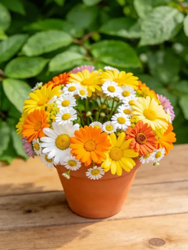 陶土花盆里的混合多头雏菊，花朵有黄色、橙色和白色，花瓣饱满，处于露天环境中。