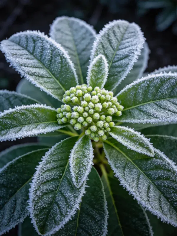 冬青属植物的叶片上布满细腻的霜晶,中心处的绿色花蕾群清晰可见。