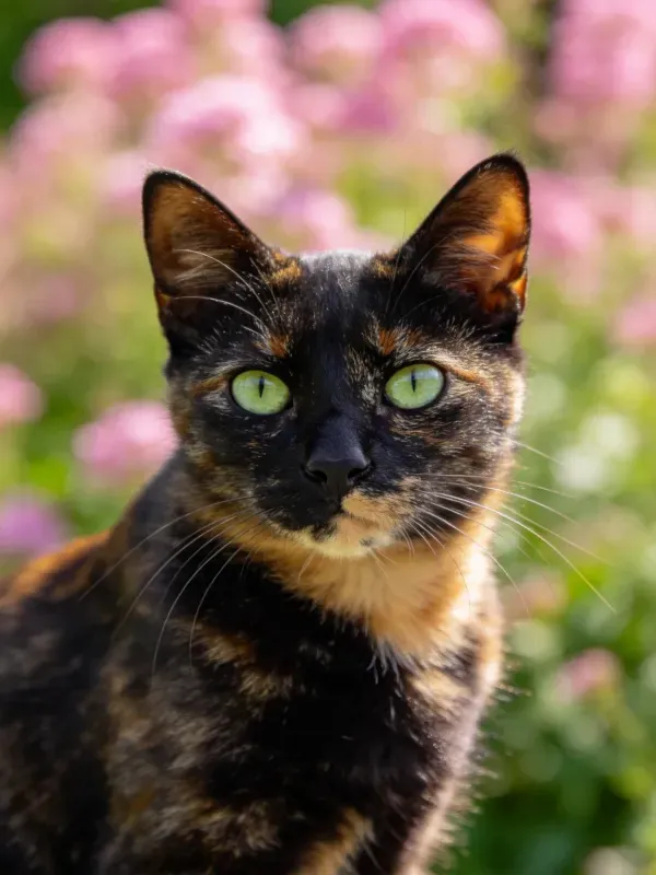 玳瑁猫拥有独特的三色毛发和明亮的绿色眼眸,坐在户外花园中。