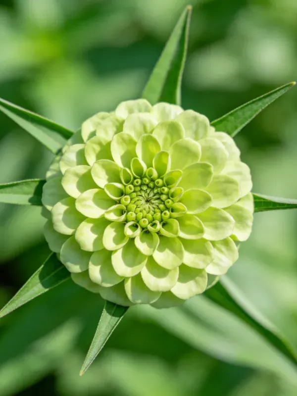 绿色百日草花朵,花瓣呈浅绿色,中心聚集着许多细小花蕾,周围环绕着狭长绿叶。