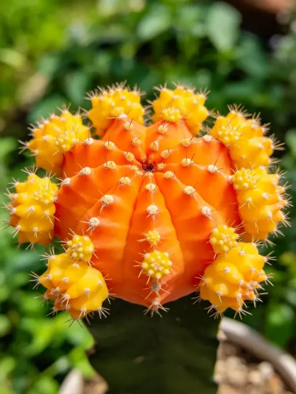 金琥缀化的特写画面显示其橙红色主茎与黄色侧芽,刺呈细小尖锐状态分布。