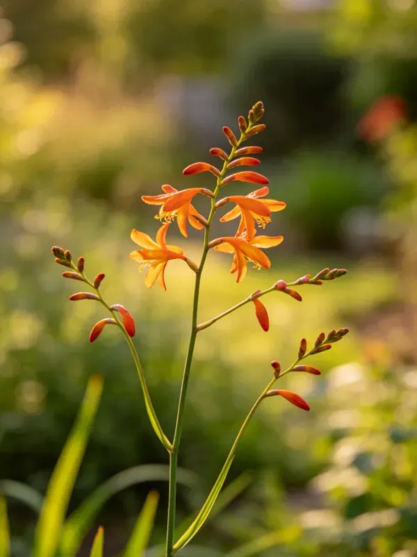 火炬花在花园中绽放,橙红色花朵呈漏斗状,花瓣边缘卷曲,花蕊清晰可见。