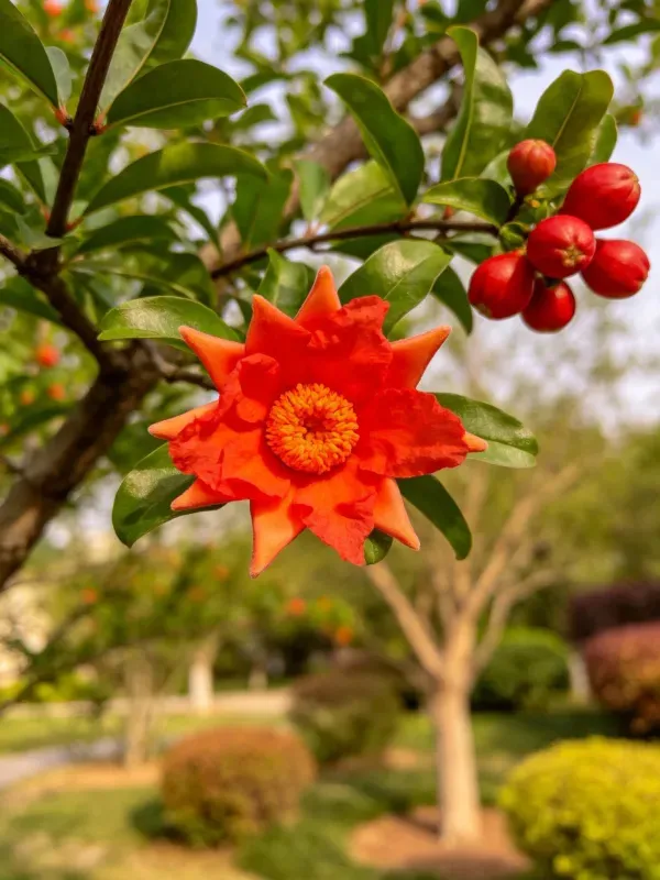 石榴树的花朵呈星形,花瓣边缘带尖刺,中心为黄色花蕊,生长在绿色枝叶之间。