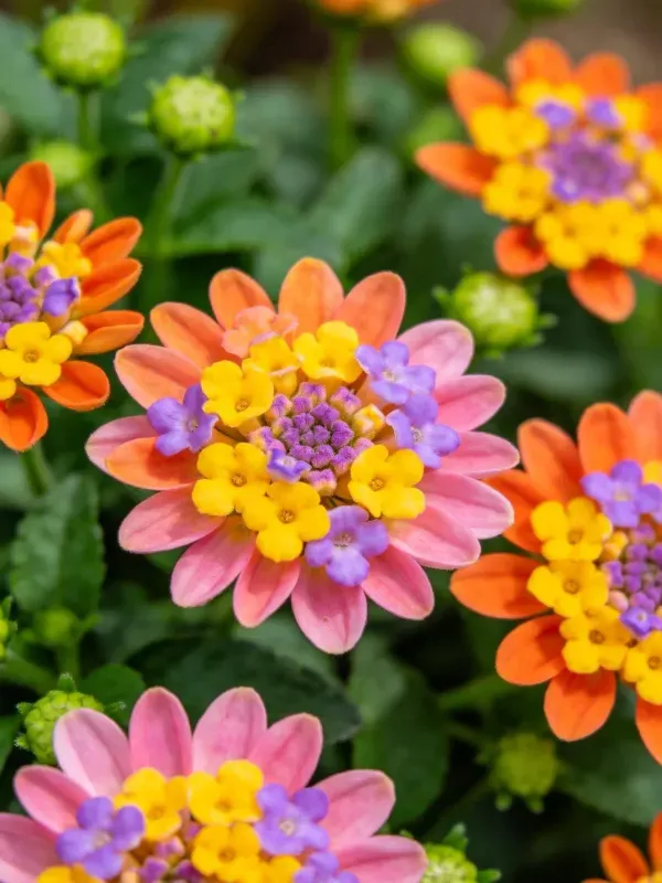 马樱丹花朵色彩丰富,橙色、粉色、黄色和紫色花瓣相互组合,花瓣边缘渐变。