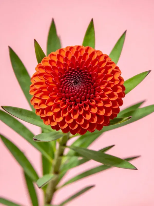 鲜艳红心橙瓣菊在浅粉色背景下绽放,花瓣层次分明,中心深红色花蕊清晰,周围绿色叶片环绕。