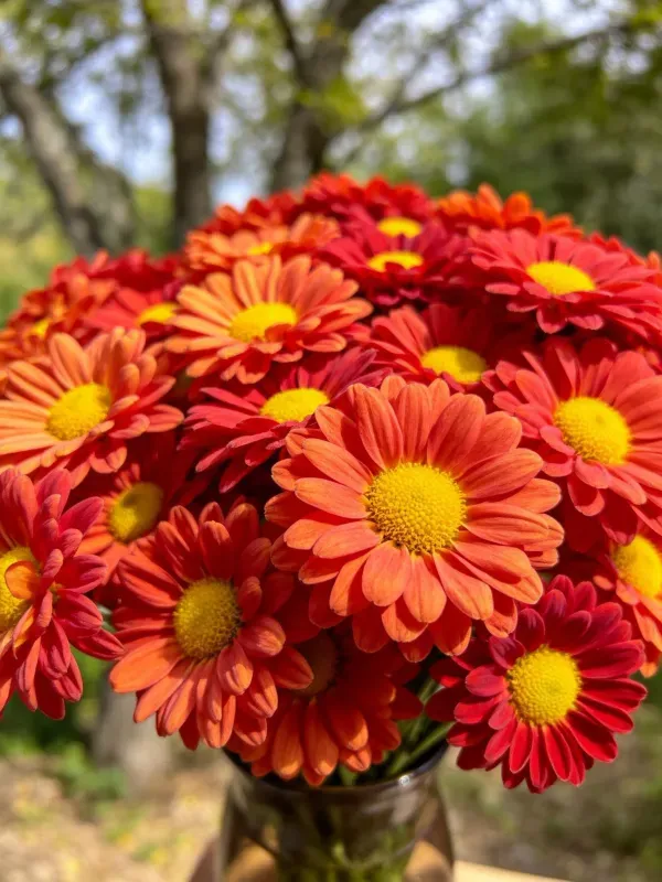 菊花花束置于户外场景中