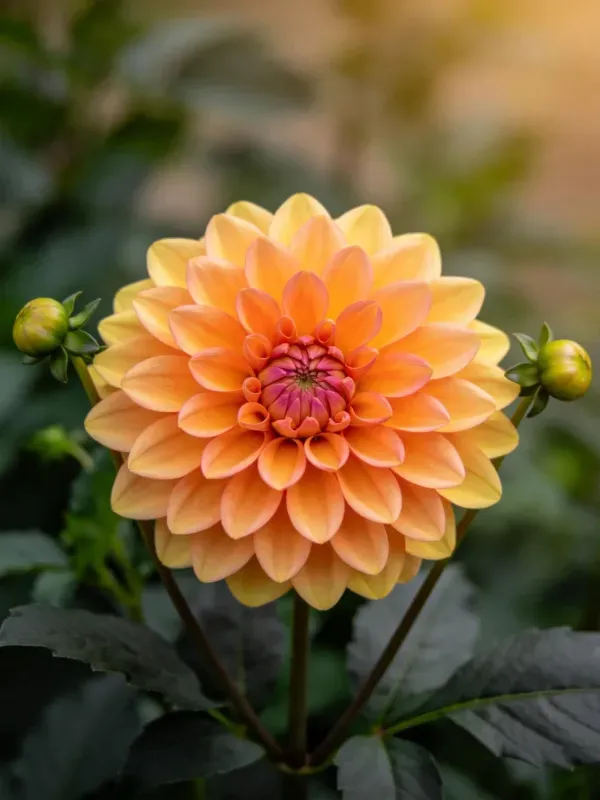 大丽花的花瓣呈现出渐变的橙黄色调,中心为粉红色花蕊,周围有两枚未开放的花苞,花瓣质地柔软有光泽。
