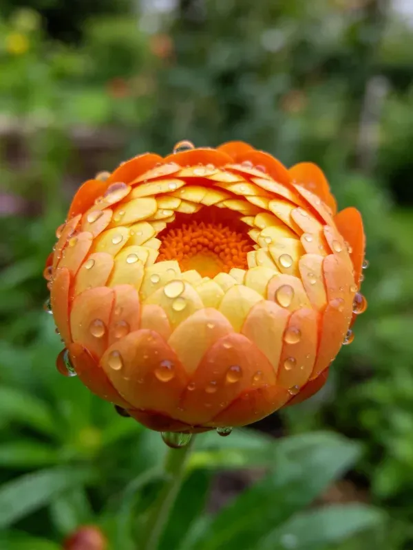 金盏花花瓣上凝结着晶莹水珠，层叠的橙黄色花瓣在湿润环境中显得格外清新。