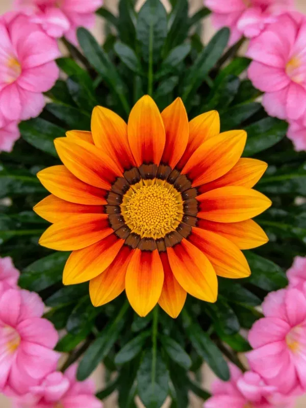 勋章菊位于画面中心,花瓣呈现橙黄色至暖红色渐变,花蕊为明黄色,周围环绕粉色花卉与绿叶。