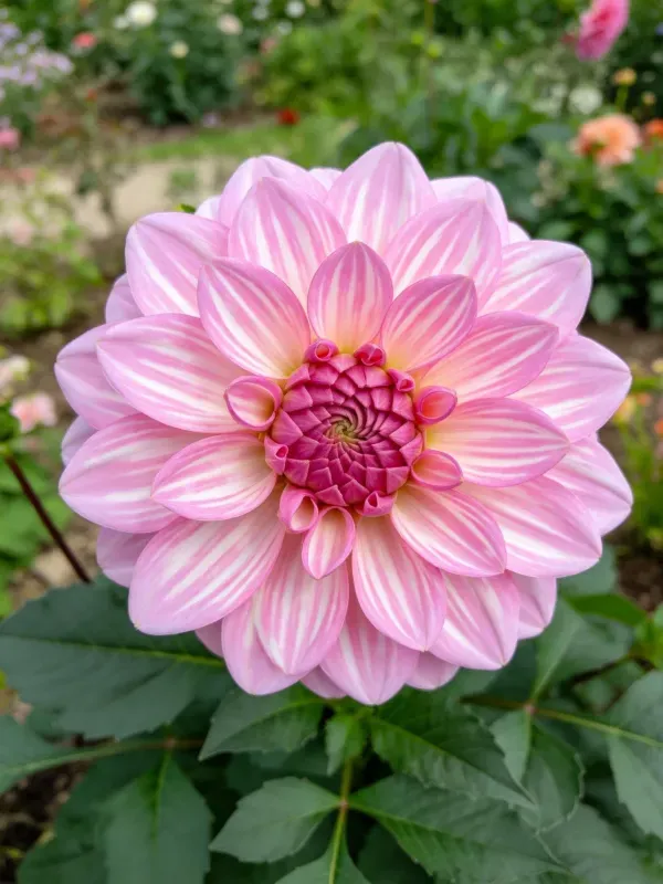 粉白条纹大丽花特写镜头,花瓣带有细腻的粉白相间条纹,中心为深紫色花盘。