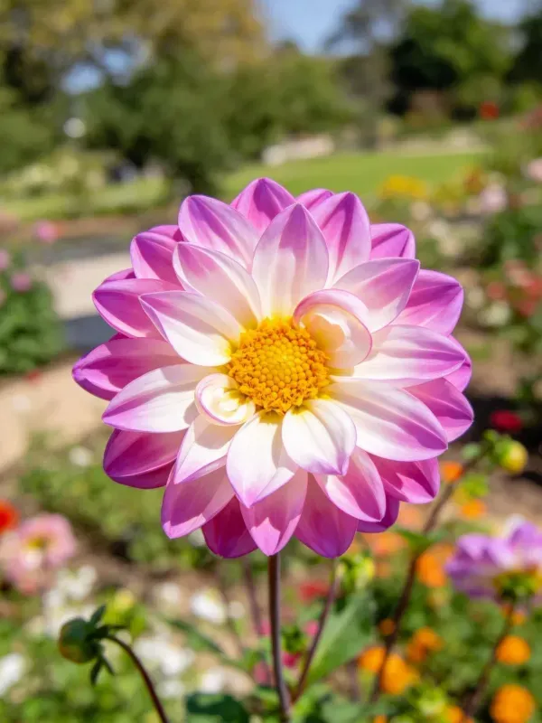 花园中的一朵粉白渐变大丽花，中心是黄色的花蕊，花瓣层层叠叠。