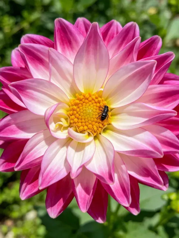 西方蜜蜂正停在大丽花的黄色花蕊上,身体与粉白渐变的花瓣形成鲜明对比。