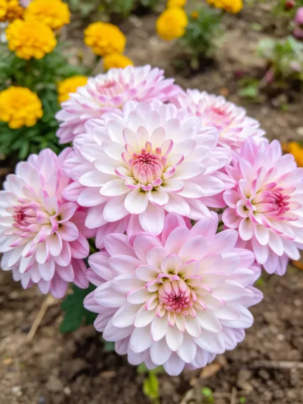花园中粉色大丽花的花瓣呈现粉白渐变色彩，花朵密集生长在土壤环境中。