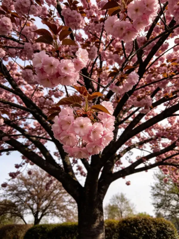 樱花树上簇拥着淡粉色花朵,花瓣边缘泛白,枝桠呈深褐色,阳光照射下形成明暗对比。