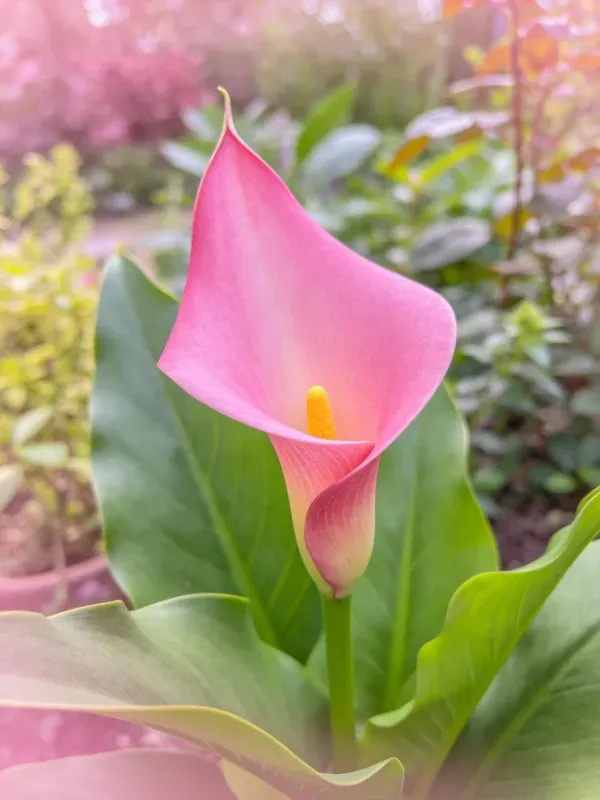 一朵盛开的粉色马蹄莲，黄色的花蕊清晰可见，花瓣呈现出优雅的弧形曲线。