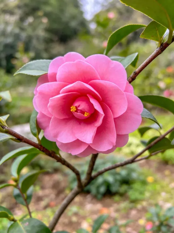 粉色山茶花花瓣饱满圆润,中心露出黄色花蕊,生长在带新芽的枝条上。