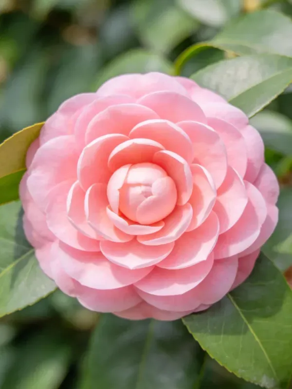 山茶花层层叠叠的粉色花瓣在柔和光线映照下,展现出细腻的蜡质表面和渐变的色彩层次。