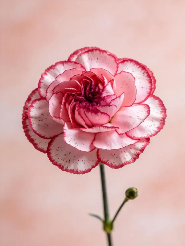 康乃馨,花瓣呈现出粉白相间的色彩搭配,边缘带有红色纹路,花瓣有细腻的纹理。