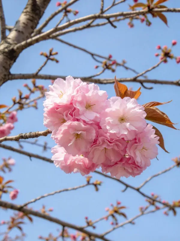 樱花展现出层叠的粉色花瓣,花瓣边缘微微卷曲,在晴朗天空下绽放。