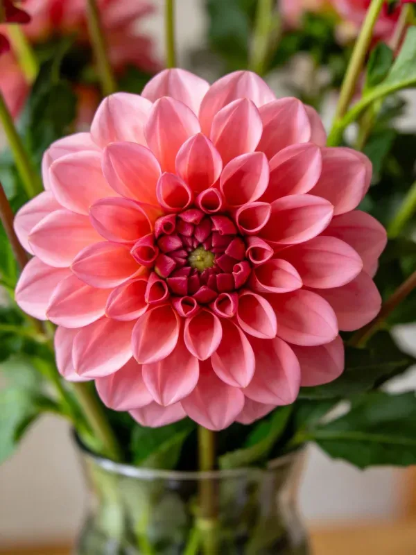 一朵色彩渐变的大丽花置于透明玻璃花瓶中,花瓣从中心到边缘呈现粉色系变化。