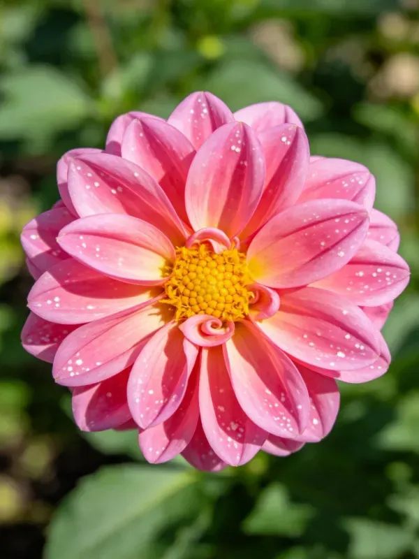 粉色大丽花的花瓣上有白色斑点，黄色花蕊位于中心位置。