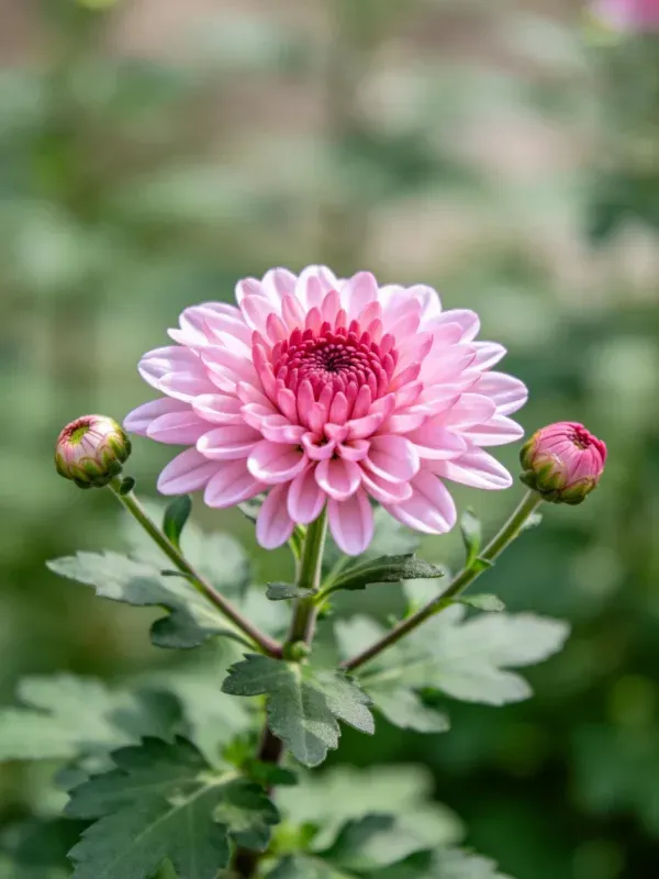 盛开的鲜艳粉色菊花,花瓣呈现由浅至深的粉色渐变,周围有两枚含苞待放的花苞,叶片呈深绿色且带有锯齿边缘。
